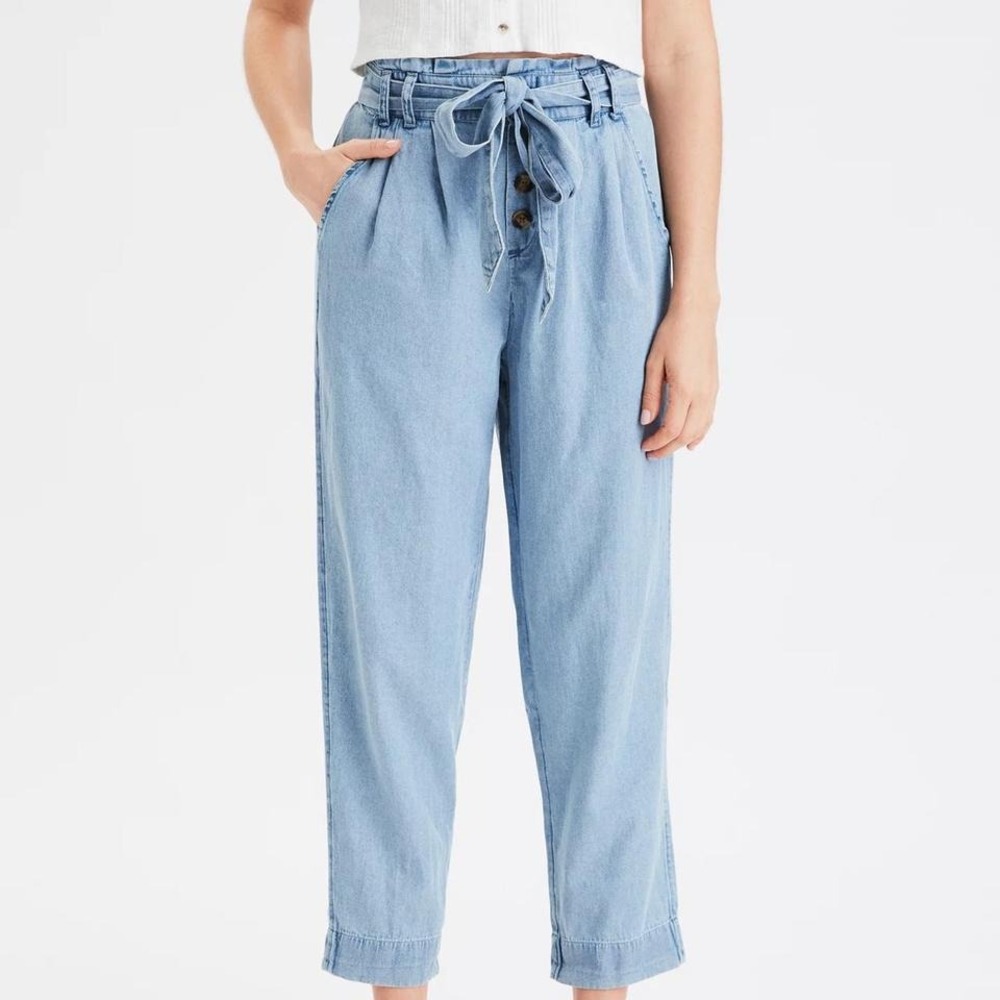 American Eagle Womens Light Wash Paperbag Waist Tapered Jogger Pants Blue Size M